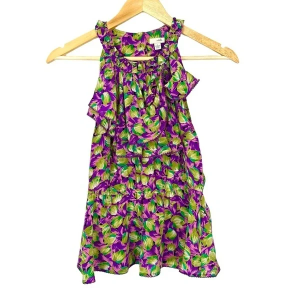 Odille Anthropologie 100% Silk Floral Ruffle Blouse Sleeveless Girly‎ Coquette - Picture 5 of 15